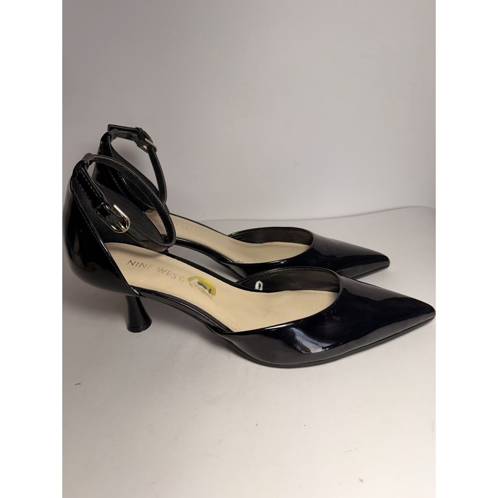 Nine West Petro Black Patent Pumps Size 9M Kitten Heel Ankle Strap Pointed Toe